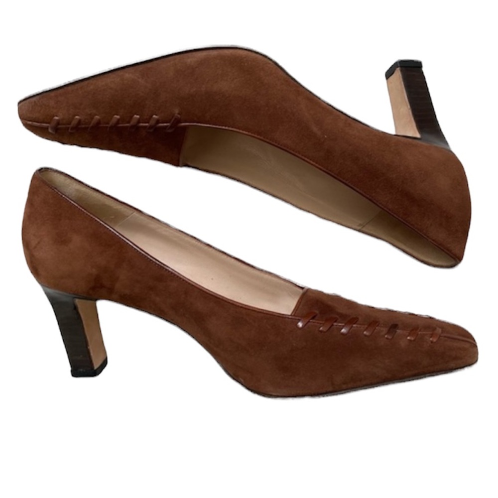 Vintage Manolo Blahnik brown leather suede square point toe high heel loafers